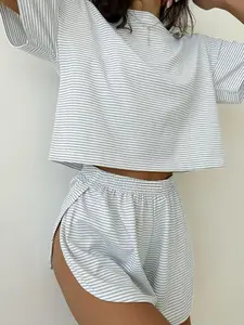 Women's Striped Print Drop Shoulder T-shirt and Wrap Split Shorts Pajama Set, Casual Comfortable Round Neck Short Sleeve T-shirt and Elastic Waist Shorts Pajama Set