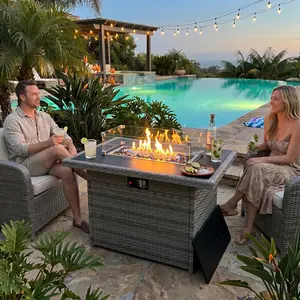 LayinSun 44 Inch Outdoor Fire Pit Table for Outside Patio, 55000 BTU Rattan Rectangle Gas Fire Pit with Wind Guard & Waterproof Cover, CSA Certified
