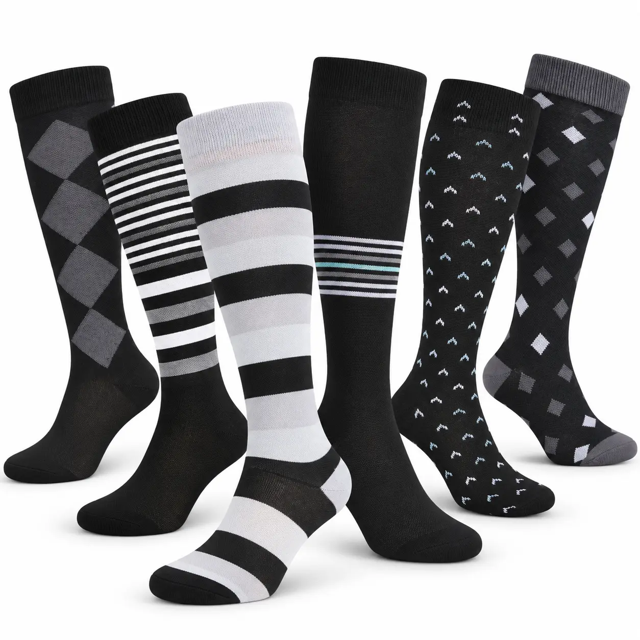 MhzyCaus  6-Pack Patterned Knee High Socks for Women & Men, Soft Stretch Calf Socks with Breathable Knit, Black Gray Athletic Styles for Walking, Gym, Travel, Work & Everyday Outfits