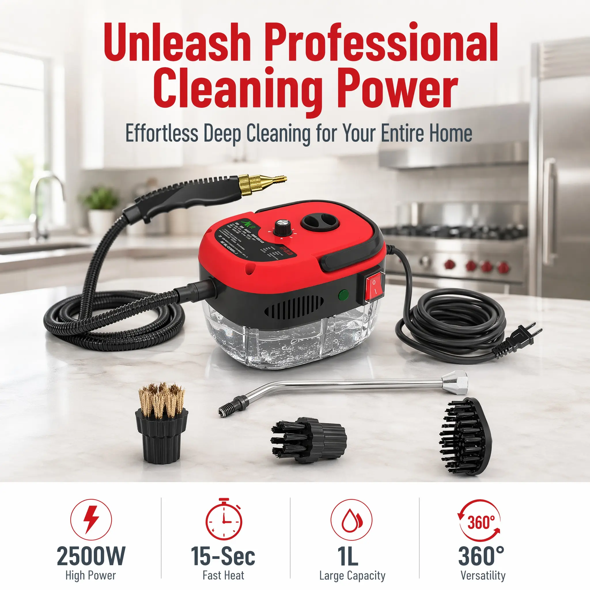 2500W High-Power Portable Handheld Steam Cleaning Machine - 2.2m Flexible Spray Gun, 3 Brush Heads, High-Temperature Pressurized Home Cleaning Tool for Kitchen Grime Lift, Clean Floors Solution