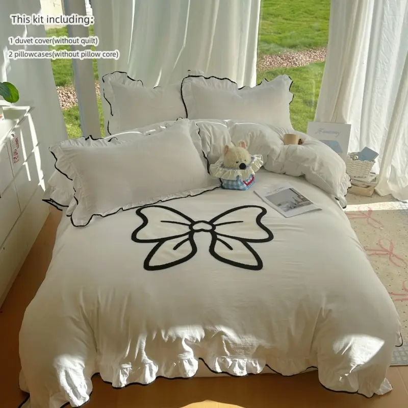 3-Piece Embroidered Bow Bedding Set, Cute Lace Sheet & Pillowcase Set, No Comforter Included, Zippered Sheets Easy Washable, Zippered Duvet Cover, Bedsheet Sets, Comfy Bed Sets, Decorative Bedding Set