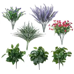 16pcs Artificial Spring Outdoor Flowers, Artificial Bouquets, Artificial Flower Set, UV Resistant Fake Plants, Stem Boston Fern Lavender Plastic Shrubs for Garden Patio Porch Window Box Decor