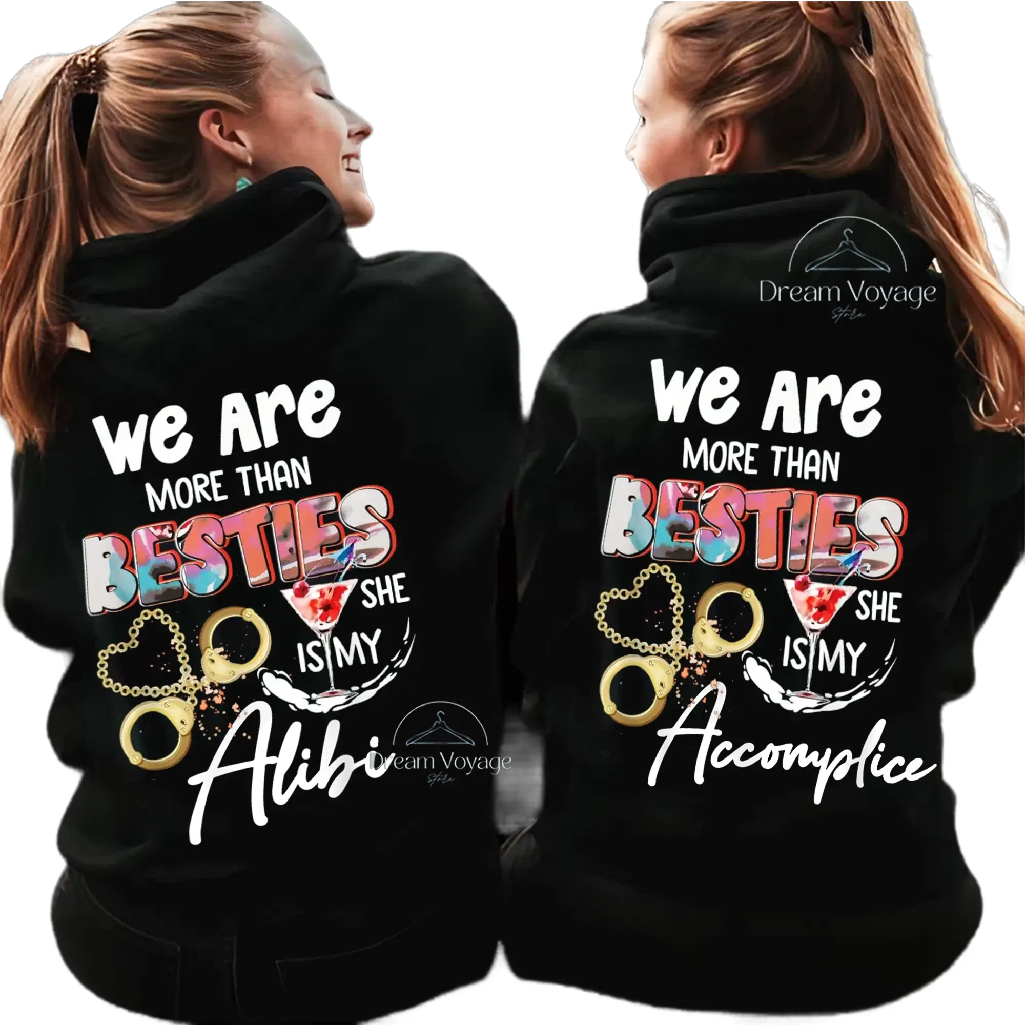 We Are More Than Besties Hoodie, Alibi Accomplice Friendship Graphic, Playful Partner Quote Design, Cute BFF Humor Top, Unisex For Men For Women, Cozy Fall Winter Layer, Fun Bonding Gift Idea