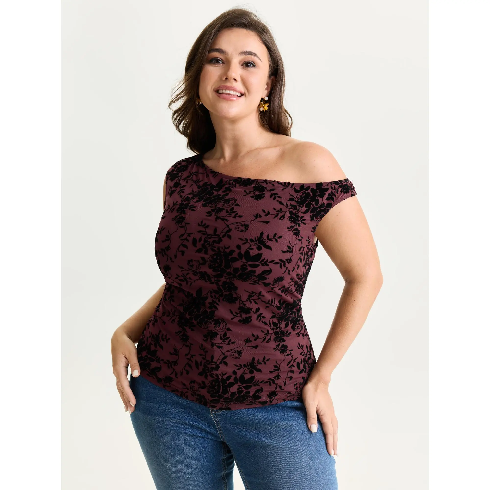 BloomChic Women's Plus-Size Romantic Floral Mesh Blouse - Stretchy Polyester-Spandex Fabric Garment with Cold Shoulder Cap Sleeves, Burgundy Summer Fit Top, Plus Size Clothes, Floral Print, Women's Tops, Curvy Clothing, Trendy Blouses, Dressy Casual Tops