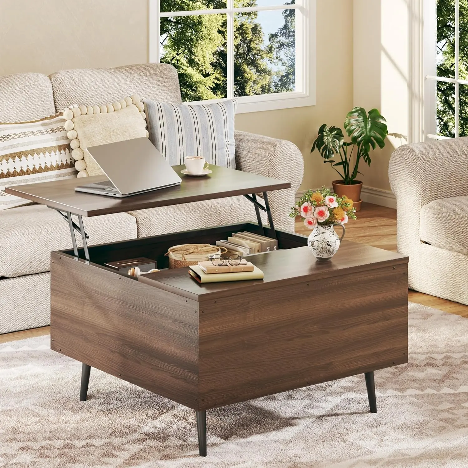 Lift Top Coffee Table, 31.5" Square Coffee Tables with Storage, Coffee Tables with Large Hidden Compartment, Center Table with Lifting Tabletop, Coffee Table for Living Room, Walnut