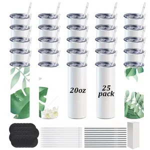 Crafix 25-Pack 20oz (500-1000ml Range) Slim Sublimation Drinkware Tumbler - Double Wall Vacuum Insulated Stainless Steel Water Bottle, Portable with Plastic/Metal Straws, Rubber Coaster, White Bottom, Travel Coffee Mug, Customized Color Festive Gift