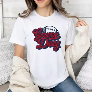 Retro Game Day Football Graphic T-Shirt Red And Navy Blue Spirit Wear Sunday Tailgate Outfit Cute Sports Mom Apparel Americana Team Top