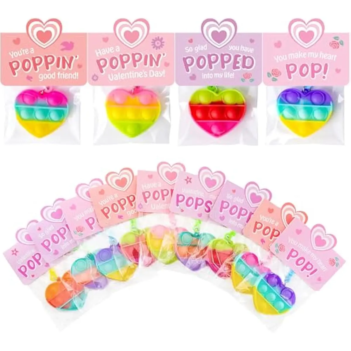 30 Packs Valentine's Day Gift Cards with Heart Pop Bubble Keychain, Mini Pop Squeeze Toys, Stress Relief Fidget Toys for Kids Party Favors, Classroom Exchange and Game Prizes