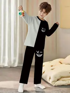 Dark smiley face! Black and white funny 2-piece boys' digital printed long-sleeve pajamas with long pants, made of flame-retardant fabric. A stylish, trendy, casual, comfortable and soft pajama set, suitable for sleeping and home leisure. 100% polyester