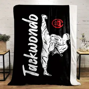Taekwondo Enthusiast Practice Pose Pattern Flannel Throw Blanket, 100% Polyester Non-Woven, Digital Print, All-Season Reversible, Contemporary Style, Lightweight Soft Comfort, No Pilling Shedding, Multiple Sizes