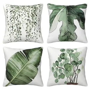 Green plant decoration pillow cover, green leaf pillowcase, suitable for sofas and living rooms, 4-piece set with double-sided printing