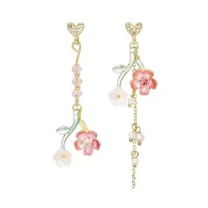 FlashyStudioNYC Pink Sakura earrings, cherry blossom mismatched dangle earrings, pink flower summer earrings, elegant white flower earrings, Japanese style inspired earrings, mismatched earrings, flower heart earrings Baroqu Female Ethnic Retro