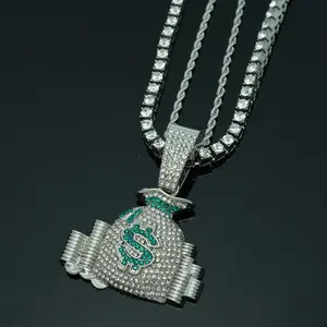 RQSP 20inch Tennis Chain Iced Out Pendant "Money" Necklace Personalized Diamond Jewelry with 20inch Rope Chain Gold/Silver Colour Hip Hop Gifts for Daily Wear Office & Special Occasions Women Men