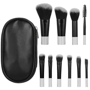 10 PCS Mini Travel Makeup Brush Set – Portable Full Face Cosmetic Brushes Kit with Pouch, Soft Bristles for Powder, Blush, Eyeshadow & Foundation, Compact Makeup Brushes for Travel (Black)