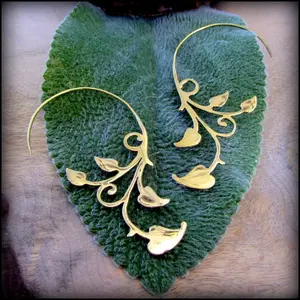 Ivy Vine Earrings in Gold Brass ~ Tribal Style like Fake Gauges ~ Fit Standard Un-Stretched Piercing ~ Elven Fairy Earthy Art Nouveau Garden