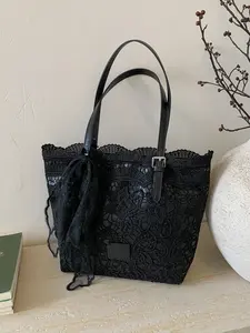 Elegant retro exquisite lace tote bag, adjustable tote bag design, lace scarf decoration, fashionable and unique shoulder bag, can accommodate files and tablets, suitable for commuting, dating, and gatherings, Pu Tote Satchel, High Quality Bag