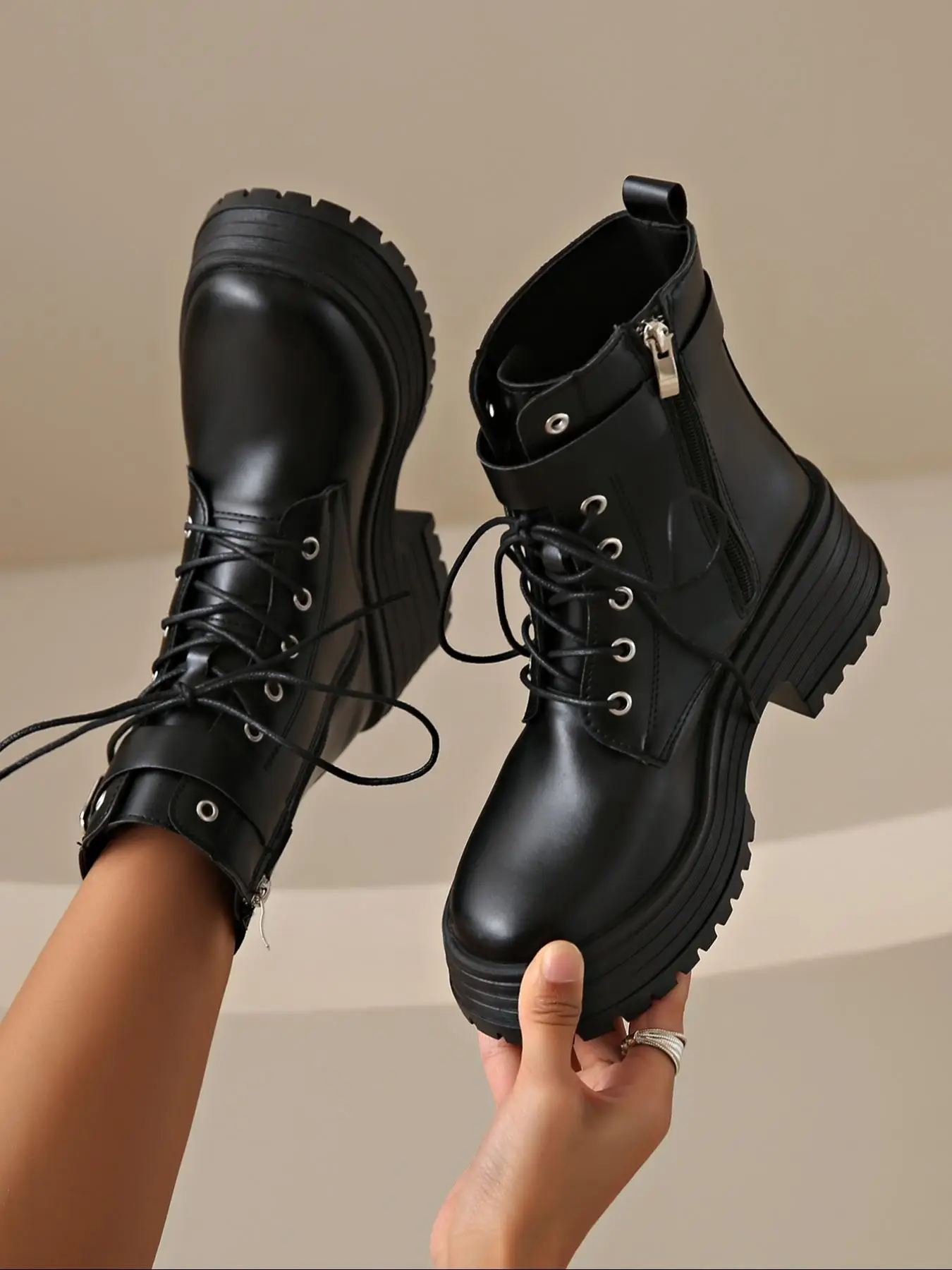 Women's Fashionable Lace Up Front Round Toe Platform Sole Boot, Valentine's Gifts for Her, Women Shoes, Casual Comfortable Zipper Design Boots for Da