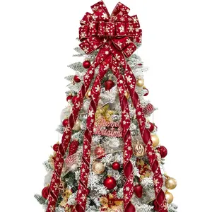 Christmas Tree Topper Bow, 53x13 Inches Large Christmas Velvet Topper Bow with Gold Snowflakes, Decorative Ribbon Bows for Xmas Tree Wreath Door Festival Home Decor(Red & Gold Snowflake)