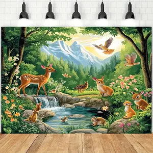 60in x 40in 1pc Deer Forest Backdrop with Fawns, Rabbits & Birds - Realistic Woodland Animals, Waterfall & Pine Trees - Durable Polyester Fabric for Birthday Parties, Showers, Photo Shoots - Indoor/ Woodland Theme Decoration (No)