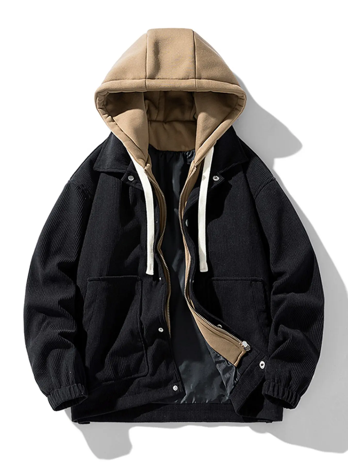 Men's Colorblock Drawstring Button Front Hooded Jacket, Regular Fit Casual Pocket Zipper Long Sleeve Outerwear for Fall & Winter, Men's Clothes for Daily Wear, Casual Style Outerwear