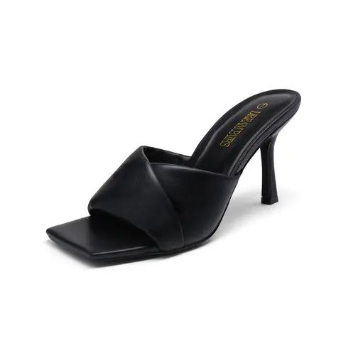 DREAM PAIRS Women's Slide-On Mule Heel Pump Footwear - Open-Toe Crisscross Soft Rubber-Cotton-Leather Upper, 3.3in Height, Cushioned Insole, Backless Square Toe, Summer Casual Classy Sandal, Shoes for Women