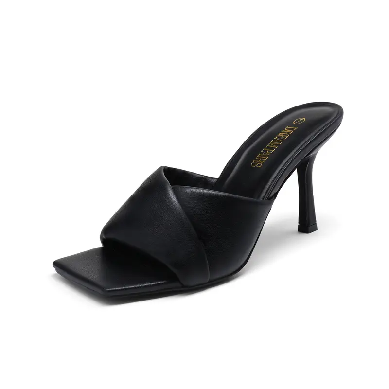 DREAM PAIRS Women's Slide-On Mule Heel Pump Footwear - Open-Toe Crisscross Soft Rubber-Cotton-Leather Upper, 3.3in Height, Cushioned Insole, Backless Square Toe, Summer Casual Classy Sandal, Shoes for Women