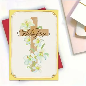 Christian Easter Card with Vintage Gold Border, Watercolor Lily Design, Wooden Cross, Perfect for Church Services, Family Gatherings