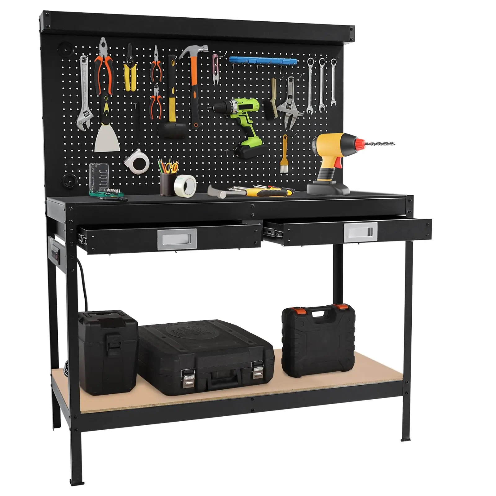 【GARVEE】48 Inch Heavy Duty Workbench, 2 Tier Garage Workbench with Power Outlet, 2 Drawers, Pegboard, Under Shelf, Professional Industrial Work Table for Workshop, Basement