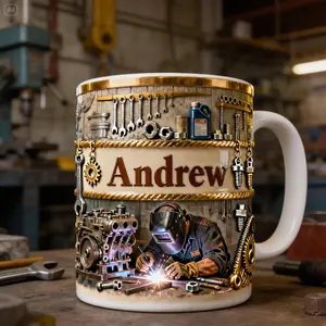Personalized Welder Mug 2D Printed 3D Effect “Proud Welder at Work” Custom Name Coffee Cup Unique Industrial Design for Welders Tradesmen Metal Workers Keepsake Gift Idea Birthday Holiday Present for Him Her Welding Mug