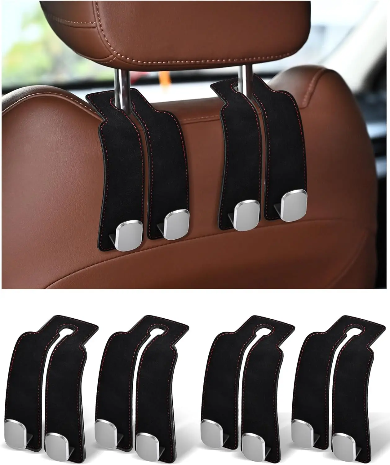 4 Pack Car Headrest Hooks Double Hook Leather Purse & Bag Holder Organizer