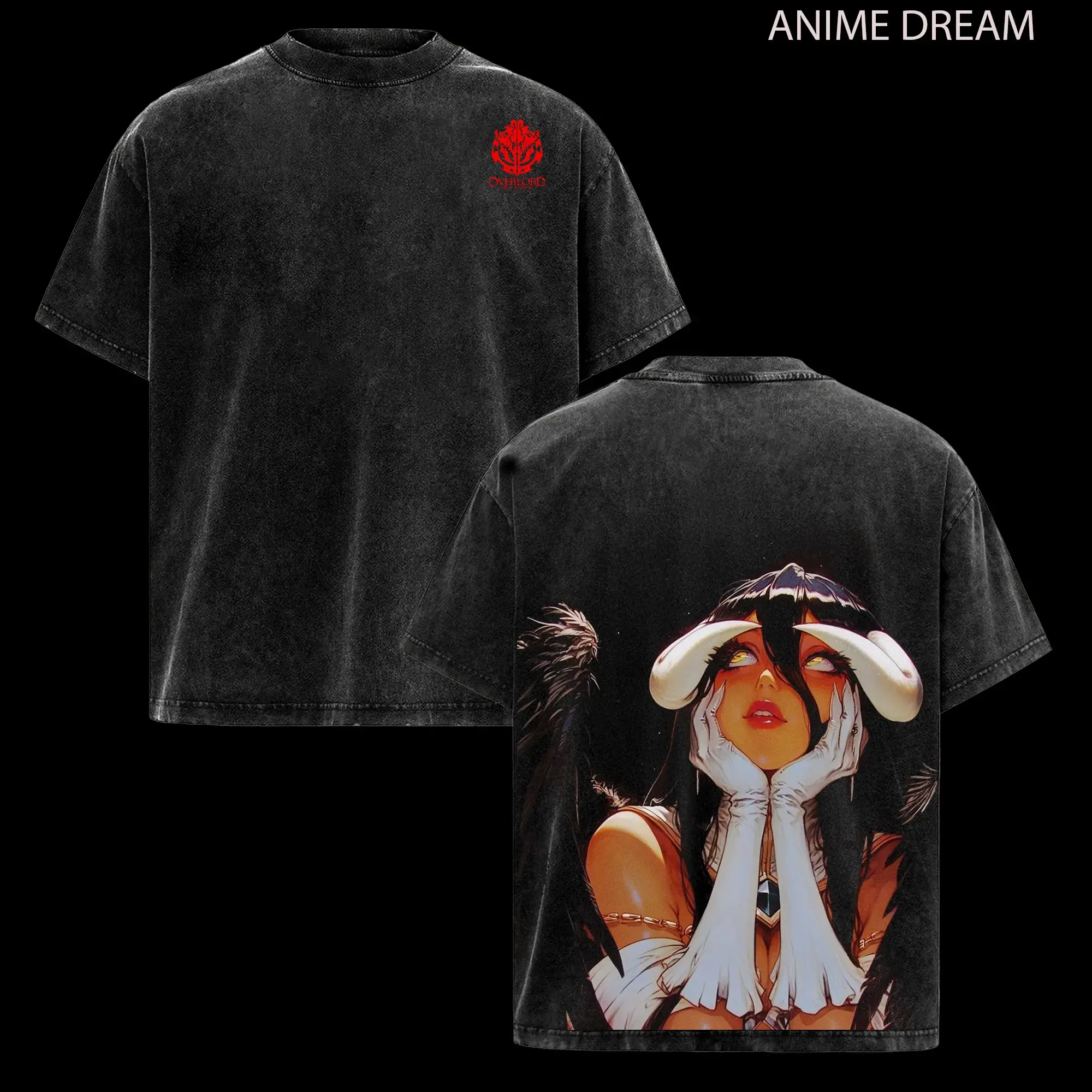 Albedo Overlord Anime Double Printed Vintage Washed Tee Unisex Oversize Anime Manga Washed Heavyweight Cotton T-shirt