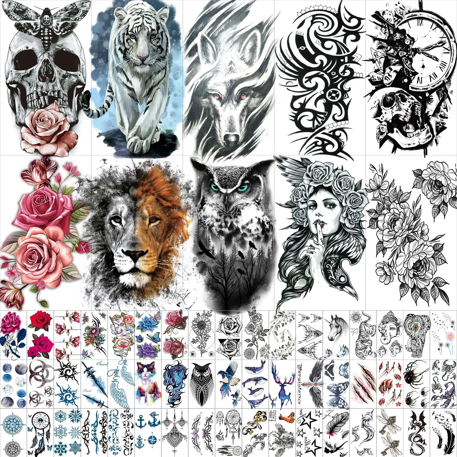 82 Sheets Black Temporary Tattoos Stickers for Women and Men, Includes 10 Large Fake Tattoos, Temporary  Include Wolf Lion Tiger Skull Tattoos Flower