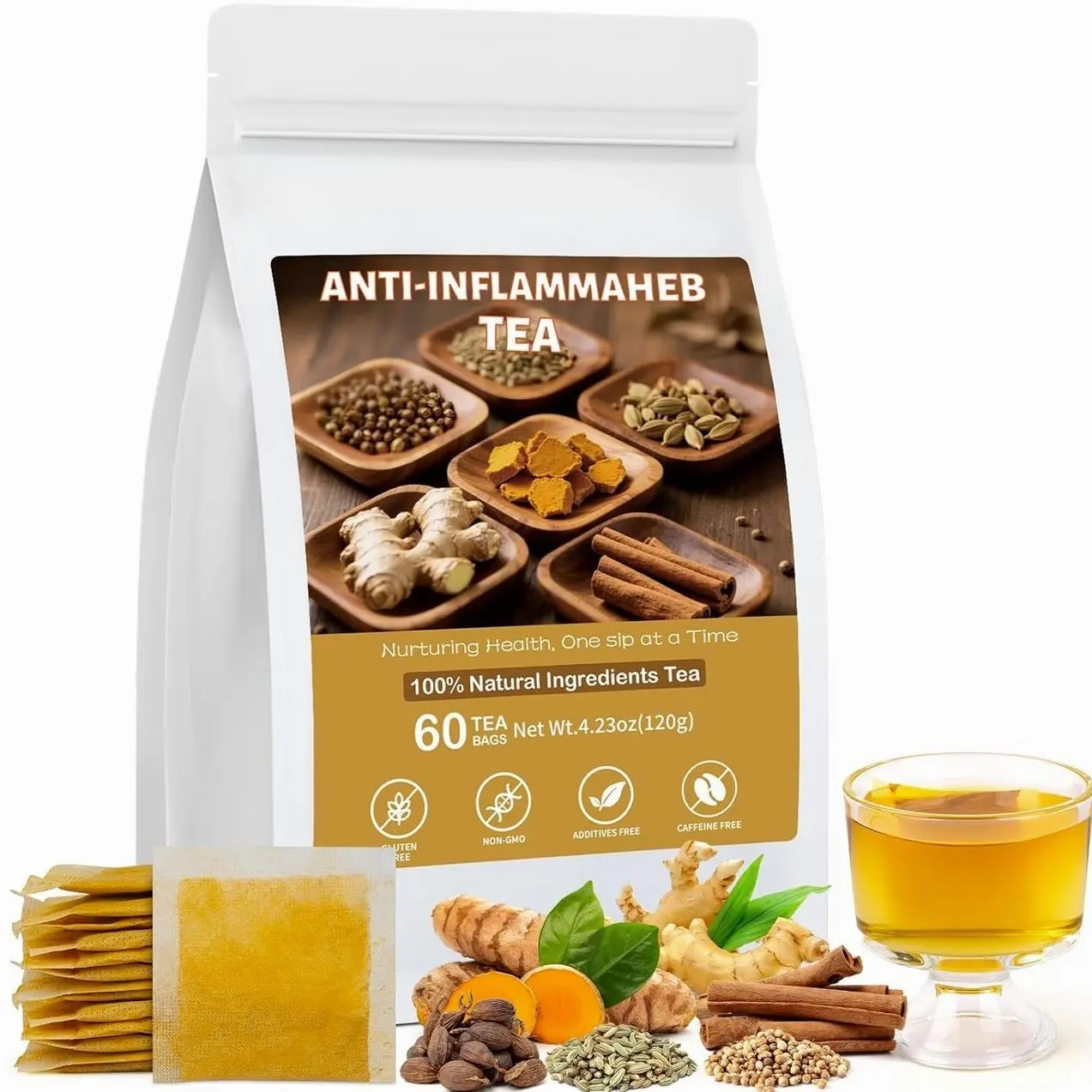Anti-Inflammaheb Tea, 100% Natural Inflammation Tea from Premium Turmeric, Ginger, Cinnamon, Cardamom, Cumin, Coriander Seeds Herbal Ingredients, Supports Antioxidant, Boost Immunity (1 Pack/60 Bags）