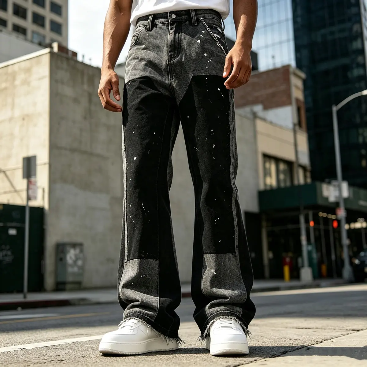 GINGTTO Men's Baggy Jeans Streetwear Distressed Washed Denim Pants Loose Fit Vintage Bootcut Jeans with Paint Splatter