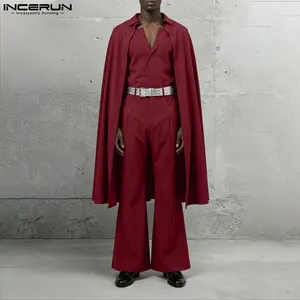 INCERUN Men's 70s Retro Style Wine-Red Cape Suit 3-Piece Set with Vest & Flared Trousers for Runway Stage Performance Gala Red Carpet Tuxedo Menswear