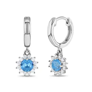 Royal CZ Dangle 9mm Aqua Blue Kids / Children's / Girls Earrings Hoop/Huggie Safety Latch - Sterling Silver