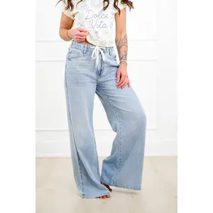 Judy Blue High Rise Light Wash Elastic Waistband Featherweight Palazzo Jeans with Shadow Pockets