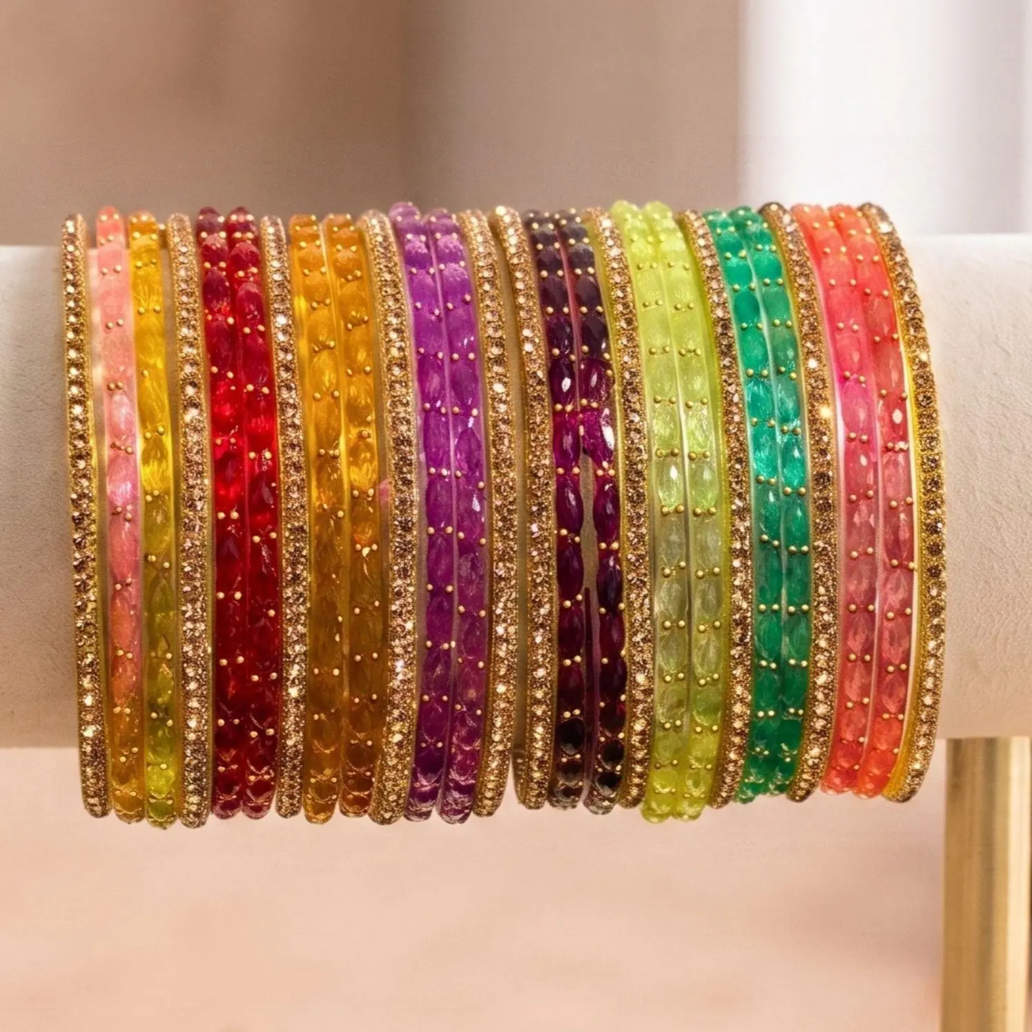 Raindrop Glass Bangles Set - 26 Multicolor Bridal Jewelry for Indian & Pakistani Weddings with Gold Detailing