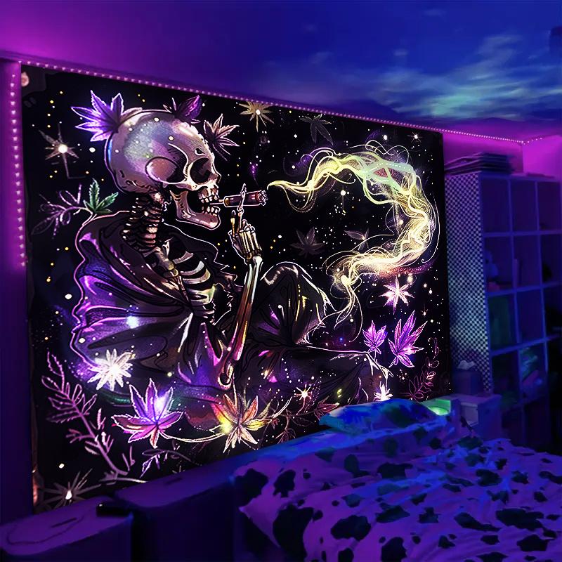 UV Black Light Reactive Wall Hanging Tapestry, Smoking Skull with Plant Leaves Smoke Design, Polyester Decorative Art, Knit Fabric, 85 gsm, for Dorm and Bedroom Decor, No Electricity Needed