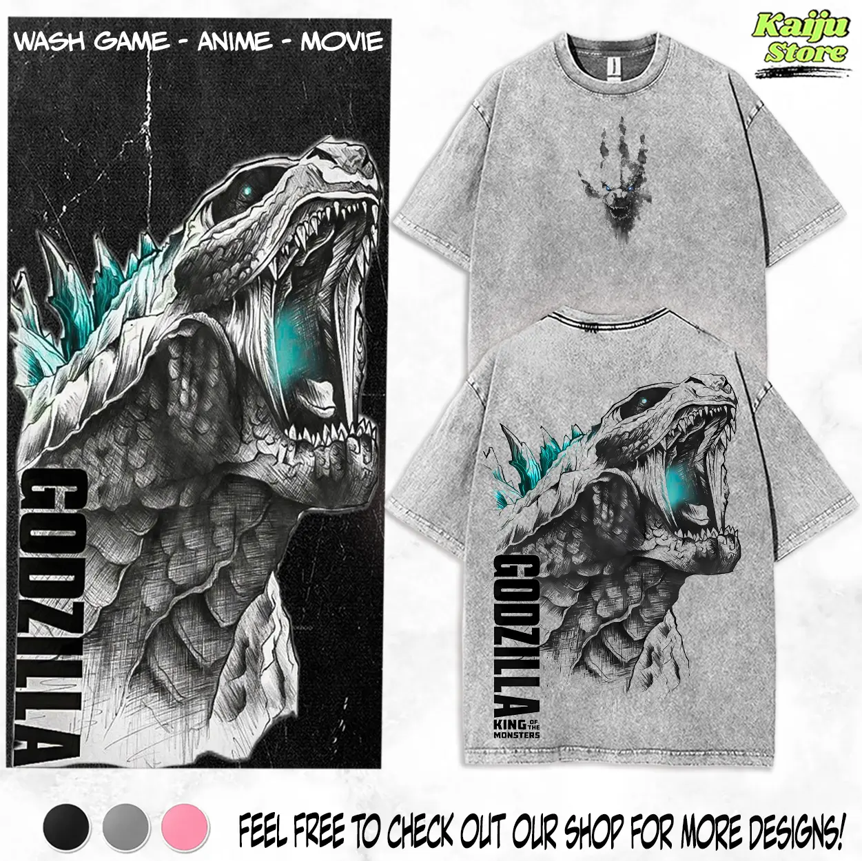 Godzilla - Godzilla King of the Monster Retro Vintage Menswear Gift Movie Fans Top Apparel Classic Seamless Simple Straight Man Clothes Cotton Designer Washed T-Shirts, Graphic Tees, Men Gifts,Graphic Streetwear T-shirt