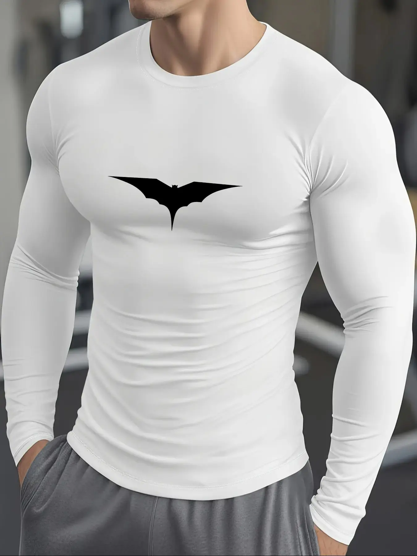 Men's Batman Bat Logo Compression Shirt - White Long Sleeve Rash Guard, Minimalist Superhero Gym Wear, Gym Clothes Workout, Gym Workout Shirt, Perfect for Bodybuilding, Running & DC Fans, Ideal Gift for Hardcore Gym Enthusiasts, Gym Tops