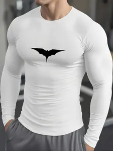 Men's Batman Bat Logo Compression Shirt - White Long Sleeve Rash Guard, Minimalist Superhero Gym Wear, Gym Workout Shirt, Perfect for Bodybuilding, Running & DC Fans, Ideal Gift for Hardcore Gym Enthusiasts