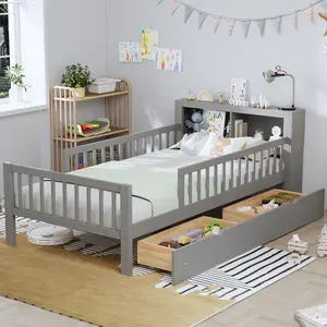 Dreamzon Twin Size Bed with Headboard Storage Rack, Two Under-Bed Drawers, Three-Side Guardrails for Safety and Security,Gray