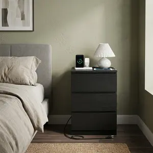 Modern Black 3 Drawer Nightstand With Charging Station 2 AC Outlets 2 USB Ports Beveled Design Bedside End Side Table Storage Furniture for Bedroom Home