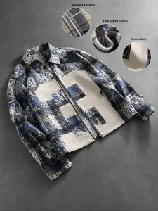 Men's Blue Plaid Zipper Jacket, Trendy Design with Embroidery, Thick Fabric, Vintage Grid Street Style, Unique Fashion Attitude, Coats