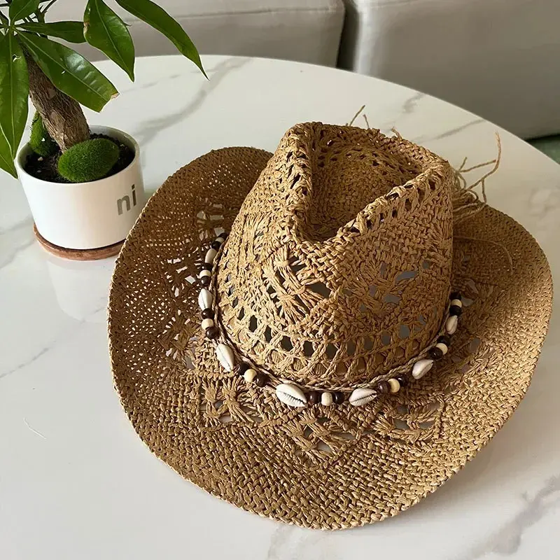 Unisex Bohemian Shell Straw Sun Hat - Western Wide Brim  display picture 1