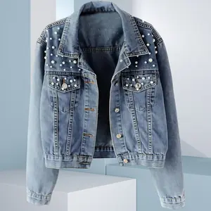 Autumn New Women Denim Jacket Embroidered Pearls Beading  Coat| Pearl and Crystal Studded Denim Jacket| Oversized Denim Boyfriend Jacket| Solid Lapel Blazer Jackets for Women