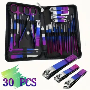 30 in 1 Rainbow Stainless Steel Manicure Kit, Heavy Duty Nail Cuticle Clipper Set, Portable Professional Grooming Scissors & Ear Pick Tools with Luxury Leather Case for Travel and Home