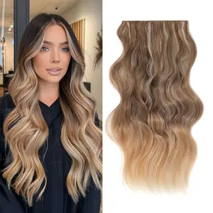 [ Qbeauty ] Strawberry Bronde Clip- in Synthetic Hair Extensions Long Wavy 4PCS Thick Hairpieces Double Weft Natural Hair Extensions for Women