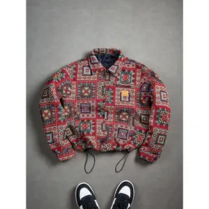 Bohemian Ethnic Geometric Coach Jacket | Vibrant Red Tapestry Zip-Up